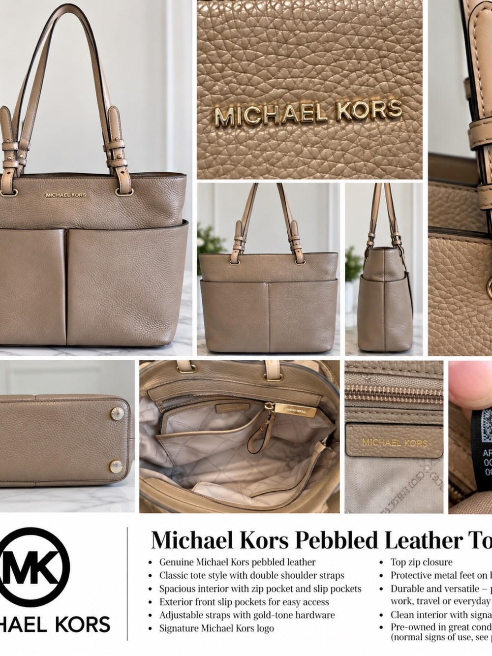 Michael Kors Taupe Pebbled Leather Large Tote Shoulder Bag Gold Hardware